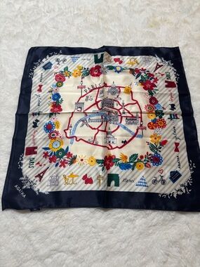 Paris Floral Silk-Feel Scarf in Navy and Cream